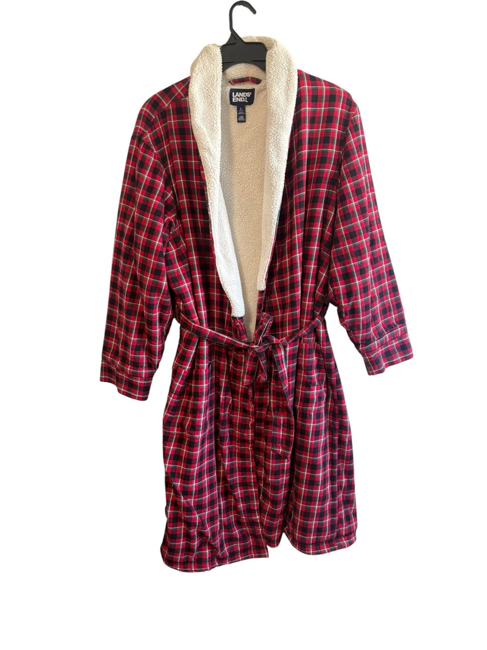 Lands End Men’s Large Red Green Plaid Sherpa Lined Robe Holiday Country Comfort